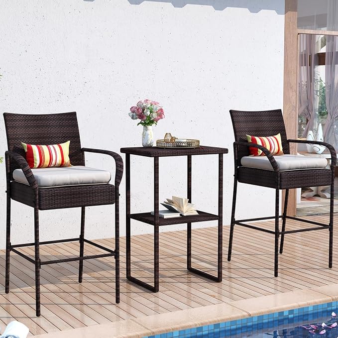 Sundale Outdoor Wicker Bar Stool Set of 2, Patio Counter Height Pub Chair - Image 2