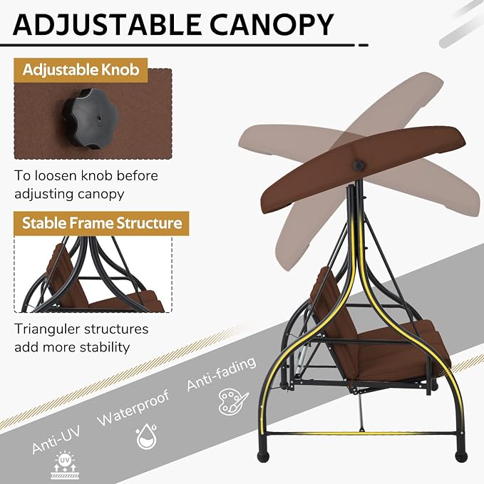 U-MAX Porch Swing Chair with Adjustable Backrest&Canopy, 3 Seat Patio Swing - Image 3