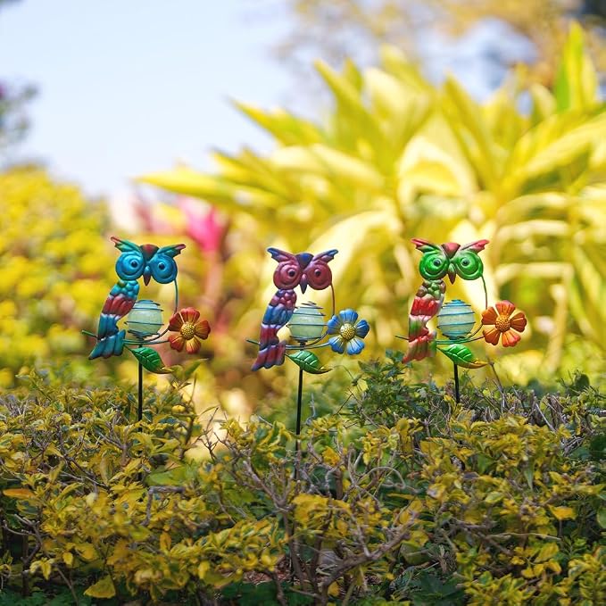 Set of 3 Owl Decorative Garden Stakes, Glow in The Dark Metal Yard Art - Image 5