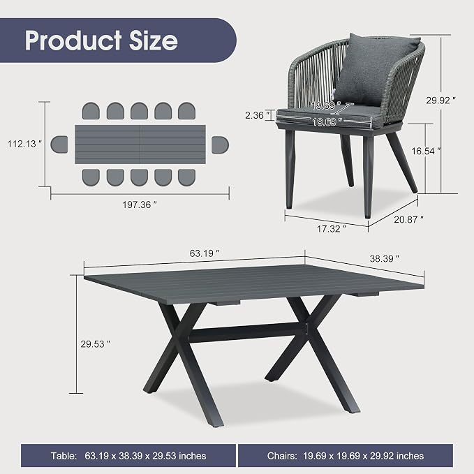 PURPLE LEAF 14 Pieces Patio Dining Set Wicker Outdoor Furniture Rectangular - Image 8