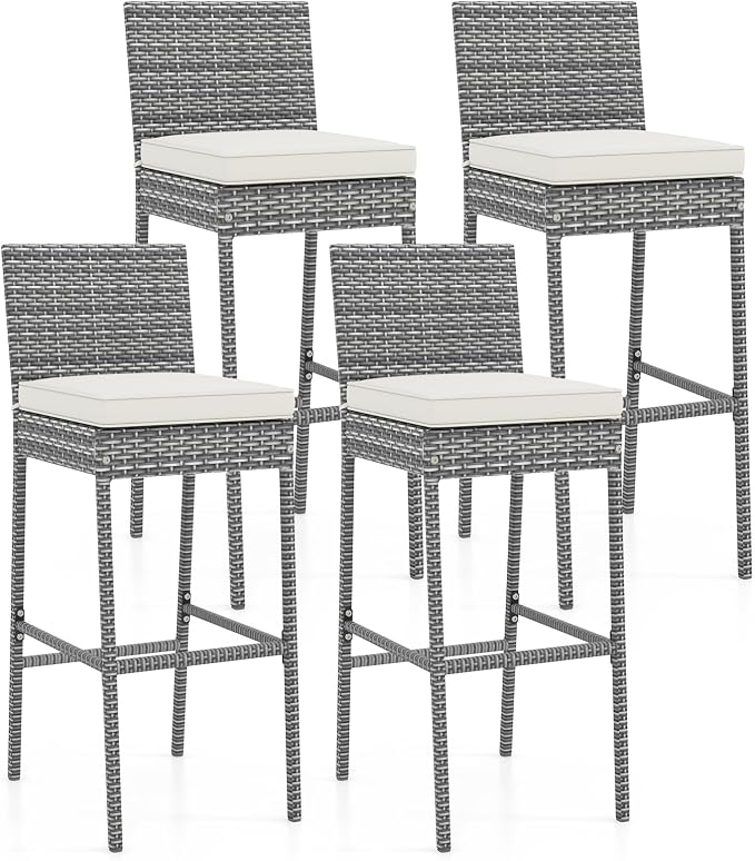 Tangkula Set of 4 Patio Wicker Barstools, Outdoor Bar Height Chair w/Soft Seat by TANGKULA