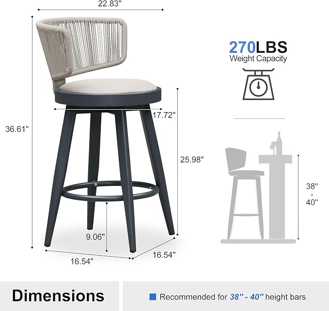 PURPLE LEAF Outdoor Counter Height Bar Stools Set of 2 26 Inch Patio Swivel Bar - Image 2