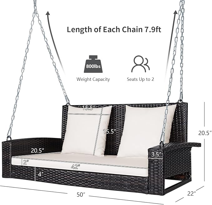 RELAX4LIFE 2-Seat Rattan Porch Swing, Wicker Outdoor Swings w/7.9 Ft Solid - Image 3