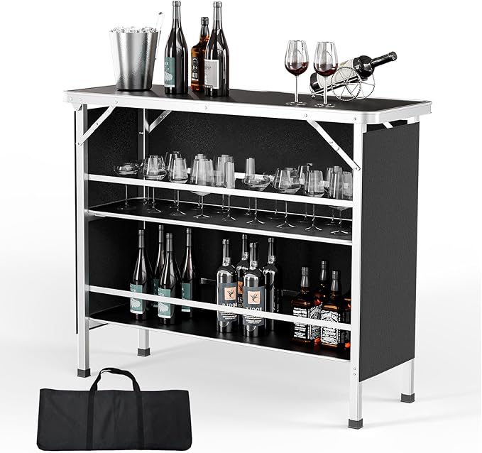 VINGLI 43" Portable Bar Table, 3-Tier Shelves, Carry Bag，Mobile Bar Table by VINGLI