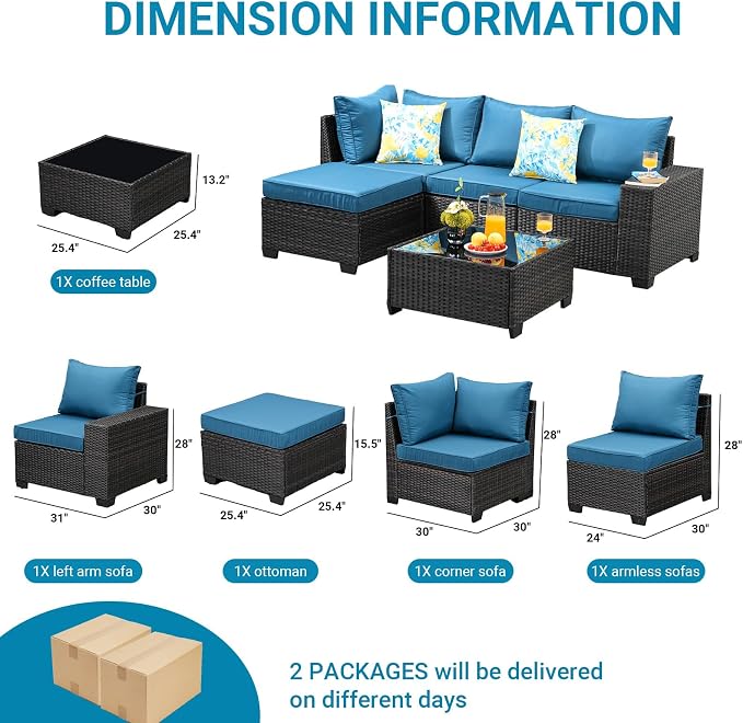 Jing's Villa 5-Piece Patio Furniture Set, All-Weather Outdoor Wicker Sectional - Image 7