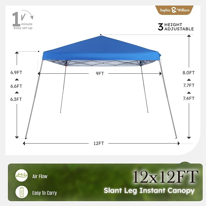 Sophia & William Canopy Tent Pop Up 12x12ft Base/9x9ft Top Easy Set Up Tent - Image 2