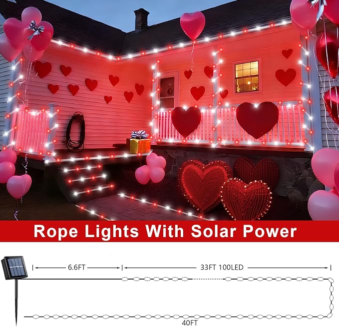 QITONG Red and White Solar Rope Lights, 2 Pack Each 33ft 100 LED Christmas - Image 3