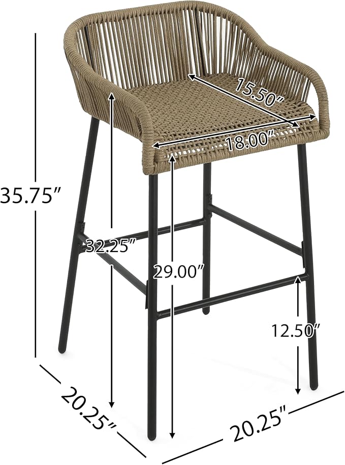 Christopher Knight Home Outdoor Patio Rope Weave Iron Barstools, Powder Coated - Image 2