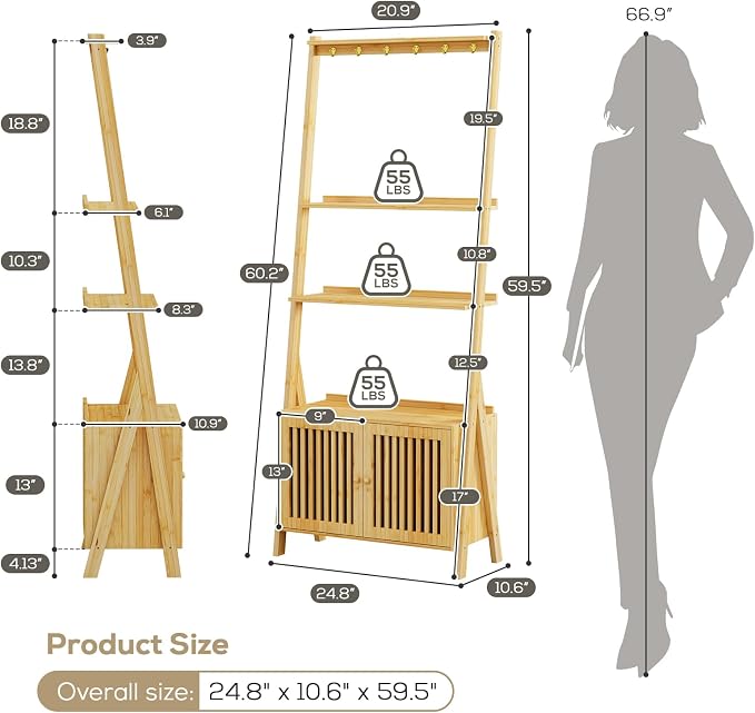 Bookcase with Drawers, 4-Tier Bamboo Bookshelf Ladder Shelf with 6 Hooks - Image 3