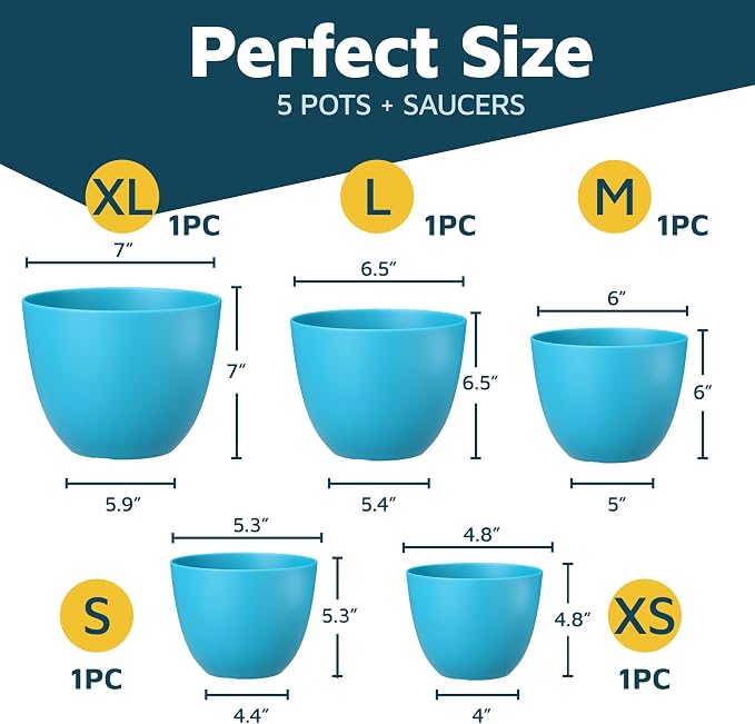 Blue Plant Pots with Drainage Holes & Saucers 5 Pack, Indoor & Outdoor - Image 2