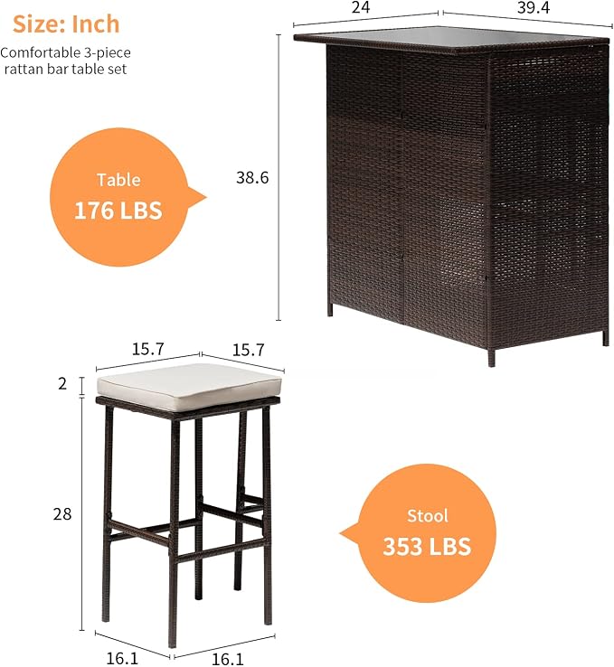 Wicker Patio Furniture 3 Piece Patio Bar Table Set Chairs Wicker Outdoor Rattan - Image 7