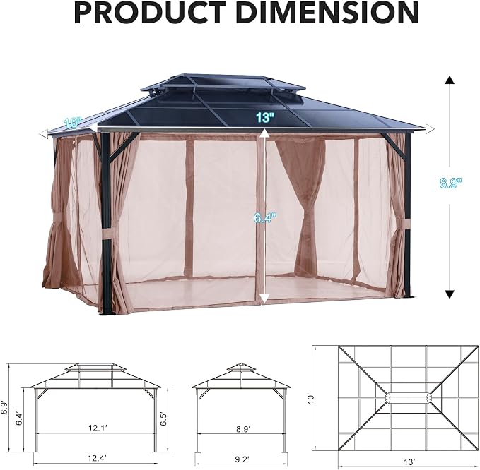 LeDoasis 10' X 13' Permanent Hardtop Gazebo, Outdoor Polycarbonate Double Roof - Image 8