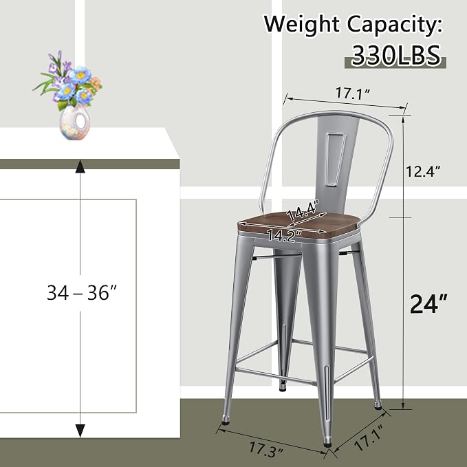Yongqiang 24 inch Bar Stools Set of 4 Metal Kitchen Counter Height Bar Chairs - Image 2