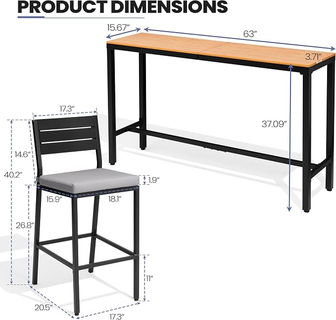 Crestlive Products Outdoor Bar Table and Chairs Set, 3 Piece Outside Patio Bar - Image 2