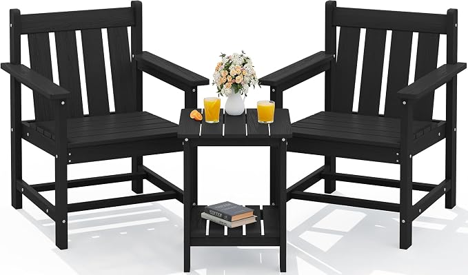 SEWRWALL 3 Pieces Patio Bistro Set, All Weather Adirondack Chair Set by SERWALL