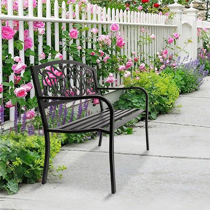 50in Outdoor Garden Park Bench, Outdoor Metal Porch Benches, Weatherproof Patio - Image 2