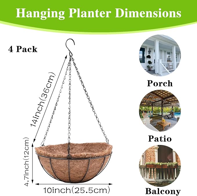 Metal Hanging Planters Basket Set of 4 Hanging Flower Pots 10 Inch Chain Round - Image 4