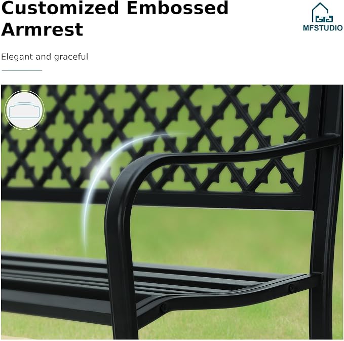 MFSTUDIO 50" Black Outdoor Metal Garden Bench, Cast Iron Frame Patio Furniture - Image 6