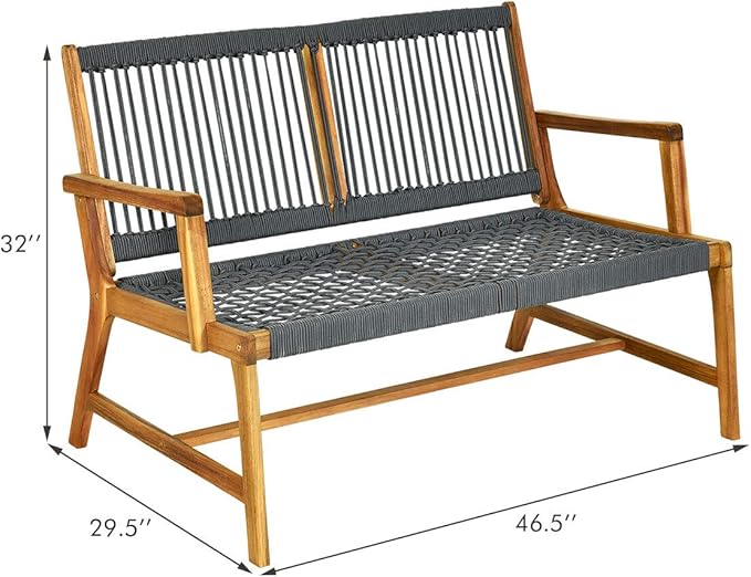 Tangkula 2-Person Patio Acacia Wood Bench Loveseat, Outdoor Patio Rope Bench in - Image 3
