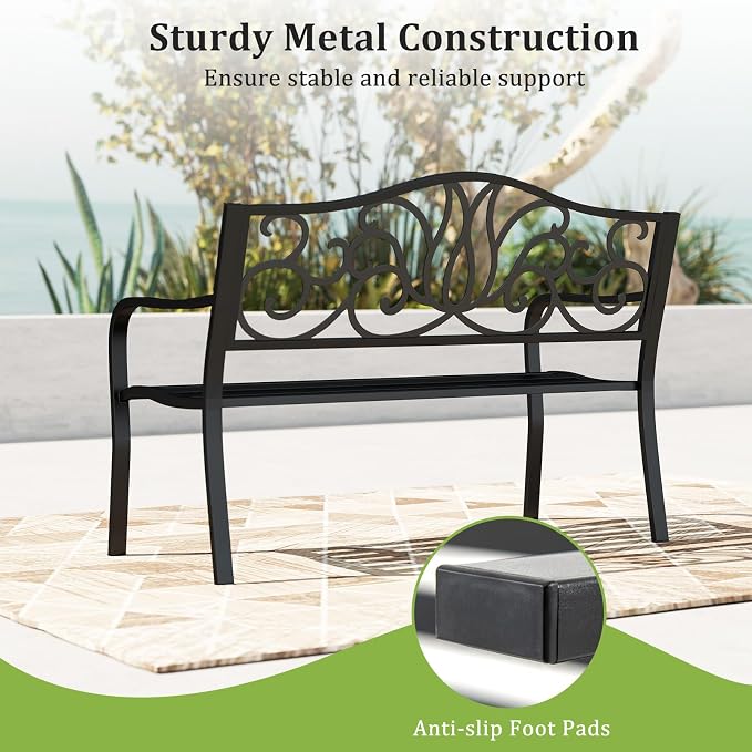 Tangkula 50 Inches Outdoor Garden Park Bench, Cast Iron Metal Front Porch - Image 8