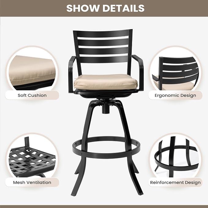 Pellebant 29.5" Sunbrella Outdoor Bar Stools Set of 2, Aluminum Swivel Patio - Image 5