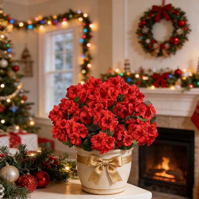 Artificial Flowers for Outdoors, 6 Bundles Realistic Silk Fake Red Geraniums - Image 8