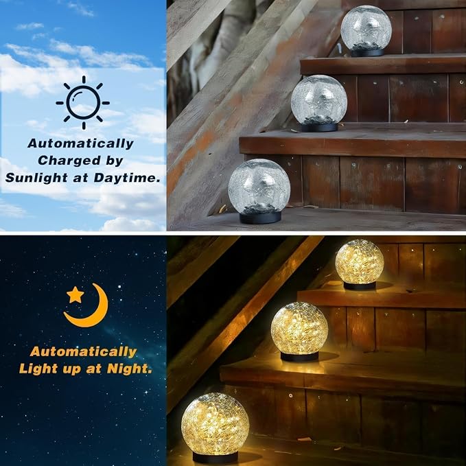 Solar Garden Lights Outdoor Waterproof, 6 Pack LEDs Cracked Glass Ball Light - Image 3