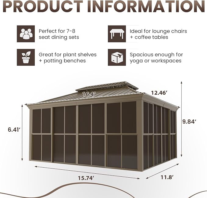 EROMMY 12' X 16' Hardtop Sunroom, Galvanized Steel Double Roof Gazebo Solarium - Image 3