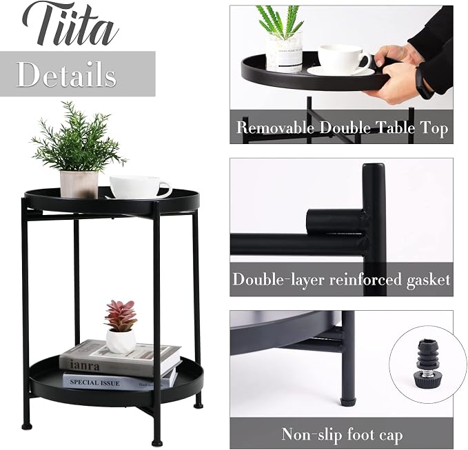 Tiita 2 Pack Round End Table Mental 2-Tier Side Table Nightstand/Small Iron - Image 9