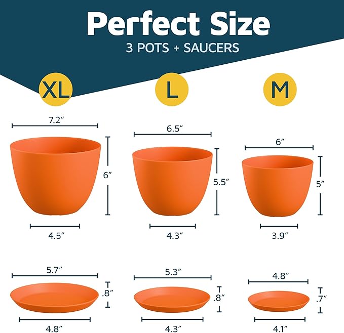 Yellow Plant Pots with Drainage Holes & Saucers 3 Pack, Indoor & Outdoor - Image 2