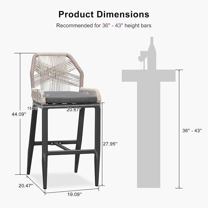 PURPLE LEAF Patio Bar Stool Bar Height Set of 2 Outdoor Rattan Chairs - Image 2