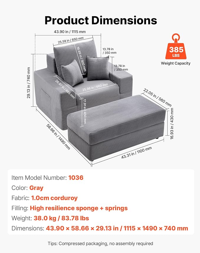 VEVOR Chaise Lounge Chair, 44 in Boneless Modular Chaise Lounge Indoor - Image 3