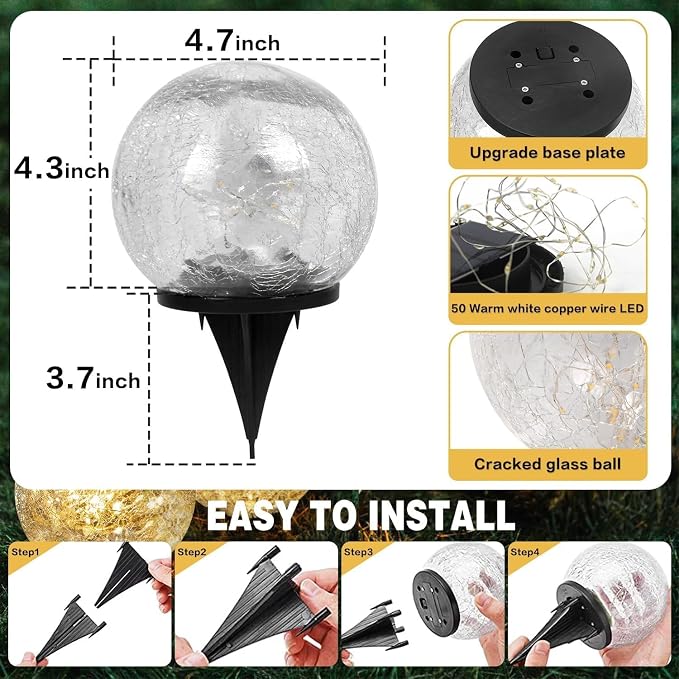 Solar Garden Lights Outdoor Waterproof, 4 Pack Cracked Glass Ball Light - Image 5