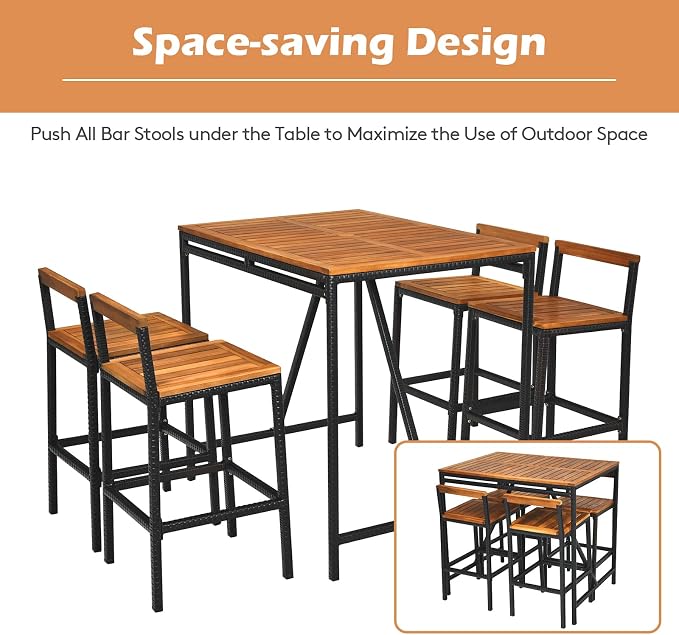Tangkula 5-Piece Outdoor Acacia Wood Bar Table Set, Bar Height Outdoor and - Image 5