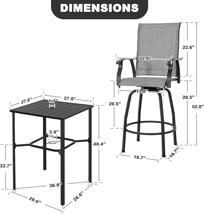 NUU GARDEN 5 Piece Patio Swivel Bar Set, All-Weather Textilene High Bistro - Image 4