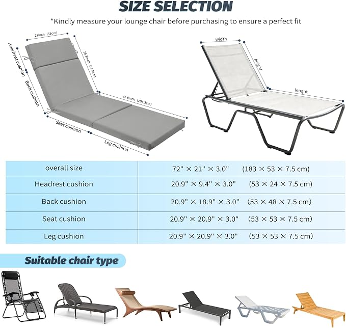 Outdoor Chaise Lounge Cushion 72" x 21" x 3", 4-Section Folding Patio Lounge - Image 3