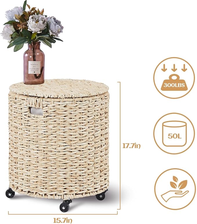Wimarsbon Round Pouf Ottomans, Handwoven Natural Water Hyacinth Seagrass Pouffe - Image 3