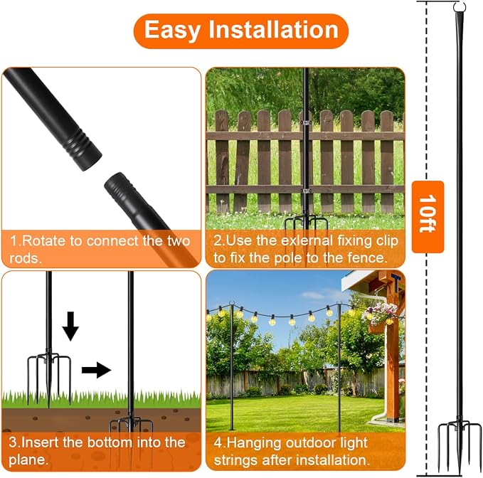 6 Pack 9FT String Light Poles for Outdoor, Metal Lights Hanging Pole Outside - Image 7
