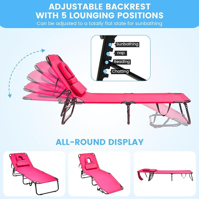 GYMAX Tanning Chair, 350lbs Beach Lounge Chair - Image 6
