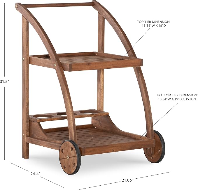 Linon Chandler Acorn Finished Acacia Wood Outdoor Bar Trolley - Image 3