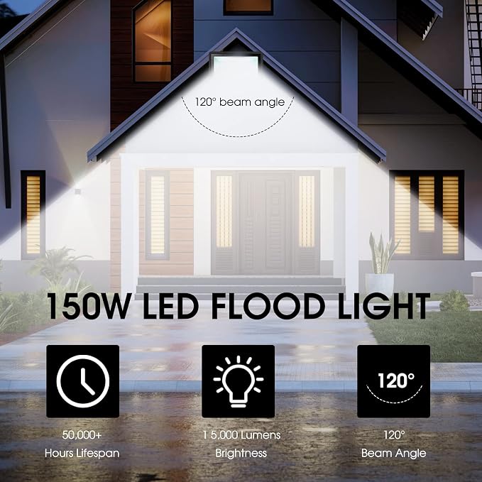 150W LED Flood Light Outdoor, 2 Pack 15500LM Super Bright Security Light - Image 5