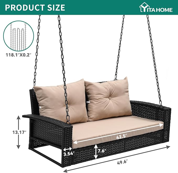 YITAHOME Wicker Hanging Porch Swing Chair 2-Seats Outdoor Black Rattan Patio - Image 4