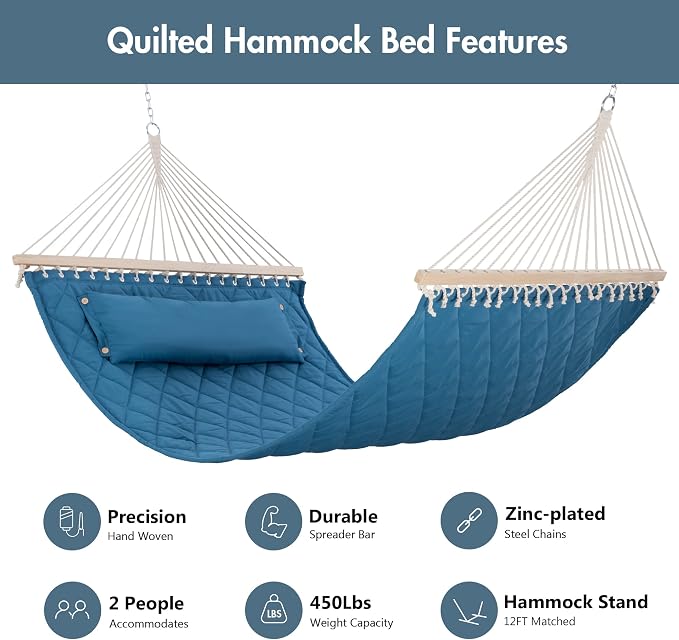 ANOW Quilted Hammock with Spreader Bars and Detachable Pillow, Large Hammock - Image 3