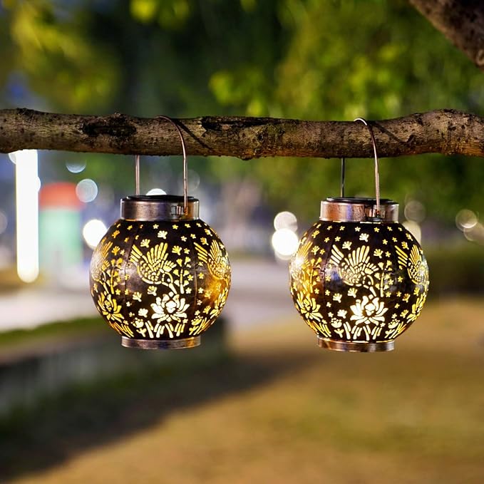 2 Pack Outdoor Solar Hanging Lantern Lights Metal LED Decorative Lamp - Image 5