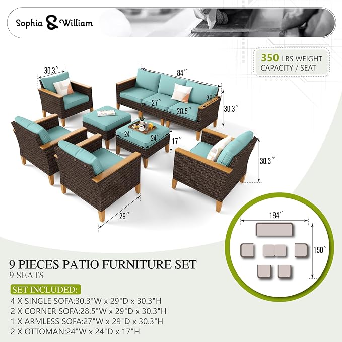 Sophia & William 9 Piece Patio Furniture Sets, Sectional Outdoor Rattan Wicker - Image 7