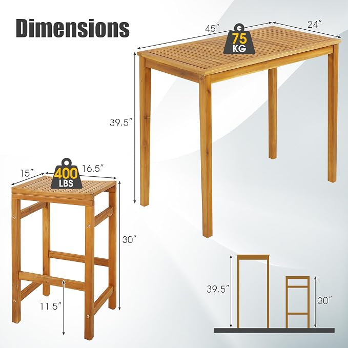 Tangkula 7 Piece Outdoor Acacia Wood Bar Table Set, Space-Saving Patio Dining - Image 4
