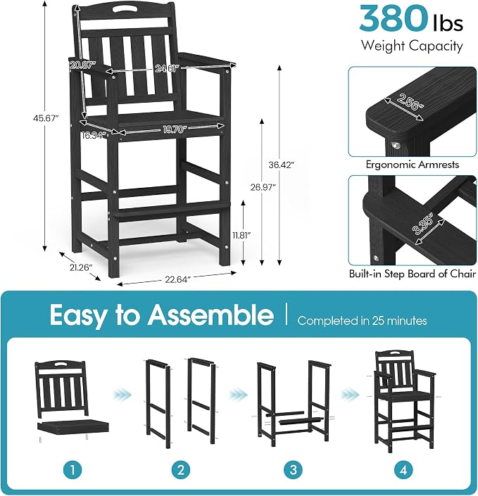 Ciokea Heavy Duty Bar Height Chair, 380lbs Outdoor Adirondack Tall Bar Chair - Image 2