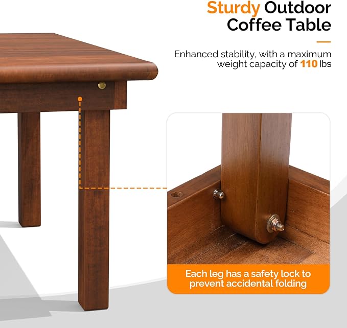 VINGLI Outdoor Folding Coffee Table, Natural Poplar Wood Patio Coffee Table - Image 5