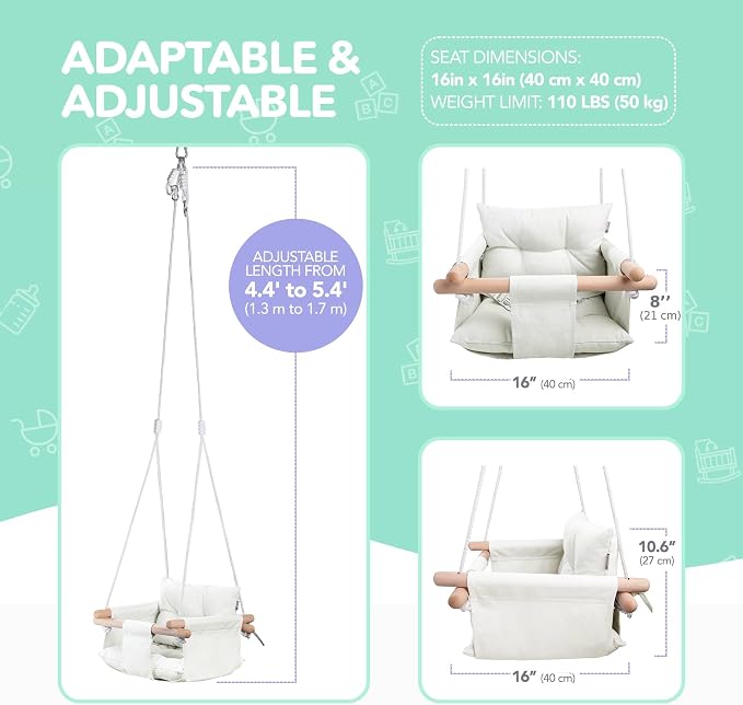 CaTeam - Canvas Baby Swing, Wooden Hanging Swing Seat Chair - Image 4