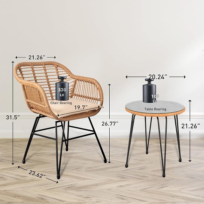 3 Piece Outdoor Wicker Furniture Bistro Set, Rattan Chairs Conversation Sets - Image 3